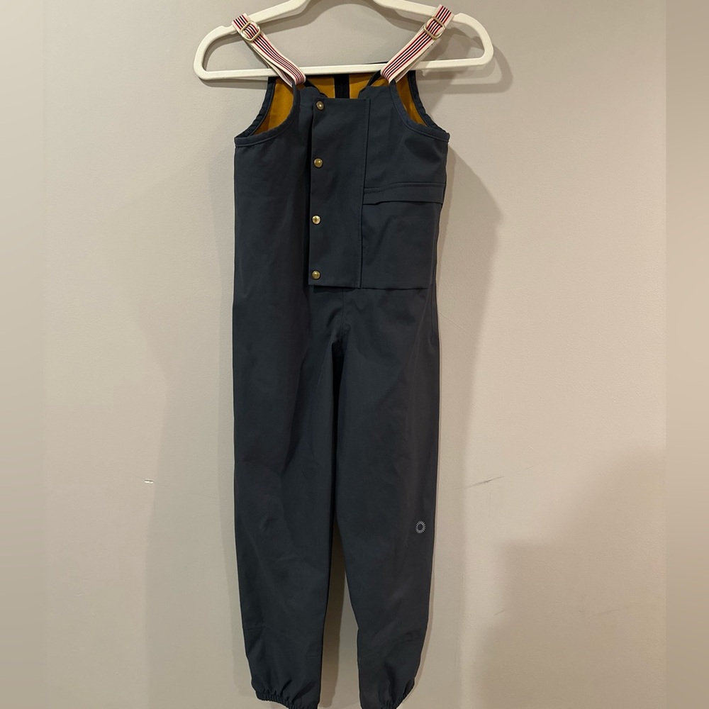 NWOT Faire Child Waterproof navy Rain Overalls with Striped Straps